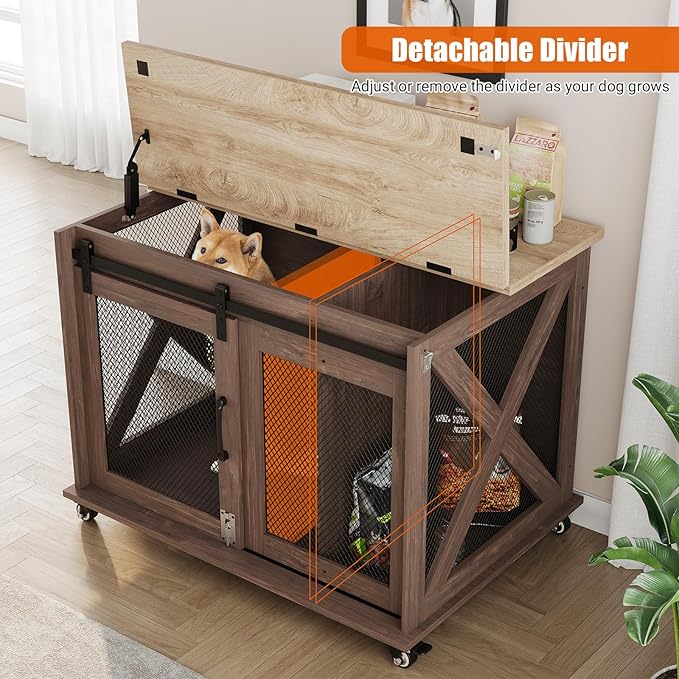 TROPOW Dog Crate Furniture,37 Inch Dog Kennel Furniture, Sliding Barn Door, Flip Top Dog Crate End Table with Removable Divider, Farmhouse Dog Cage for Small to Middle Size Dogs