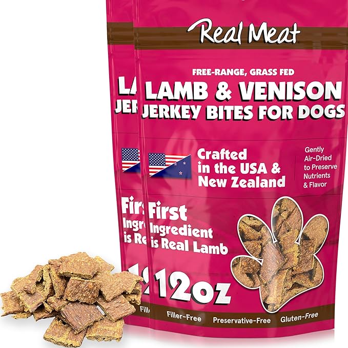 TRMC Real Meat Dog Treats - Two 12oz Bag of Bite-Sized Air-Dried Lamb & Venison Jerky for Dogs - Grain-Free Jerky Dog Treats with 95% All-Natural, Free-Range, Grass Fed Lamb & Venison