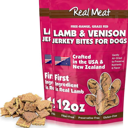 TRMC Real Meat Dog Treats - Two 12oz Bag of Bite-Sized Air-Dried Lamb & Venison Jerky for Dogs - Grain-Free Jerky Dog Treats with 95% All-Natural, Free-Range, Grass Fed Lamb & Venison