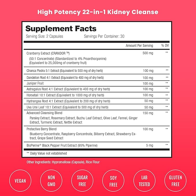 Kidney Cleanse Detox | 22-in-1 Kidney Support Supplement | 25,000mg Cranberry Pills Extract | Extra Strength Repair & Flush Premium Formula | Urinary Tract Health for Women & Men | 60 Vegan Capsules