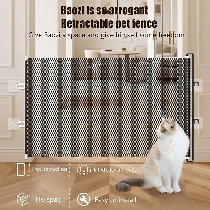 Dog Gate for Stairs- Bretractable Pet Gate, Door Gates for Pets |,No Drilling Safety Barriers 49 Inch Wide for Stairway Hallway Patio Porch Yard Balcony Deck Bathroom Garage