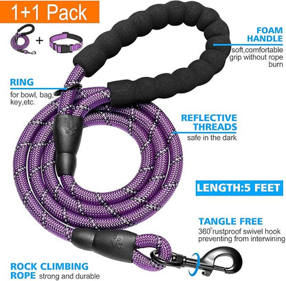 Ladoogo Reflective Dog Collar Padded with Soft Neoprene Breathable Adjustable Nylon Dog Collars for Small Medium Large Dogs (Large (Pack of 1), Purple Collar+Leash)