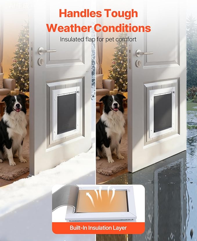 VEVOR Pet Door, Large, with Three Magnetic Flaps and Metal Frame, Strong and Weatherproof Dog Door for Interior and Exterior Doors, Easy to Install, Easy in-and-Out Access for Doggies, White