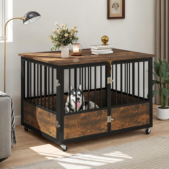 DWVO Dog Crate Furniture with Wheels, 43 Inch Dog Kennel Indoor Furniture End Table Dog Crate for Dogs, Farmhouse Decorative Wooden Dog Cage Table with Double-Doors, Chew-Resistant, Rustic Brown
