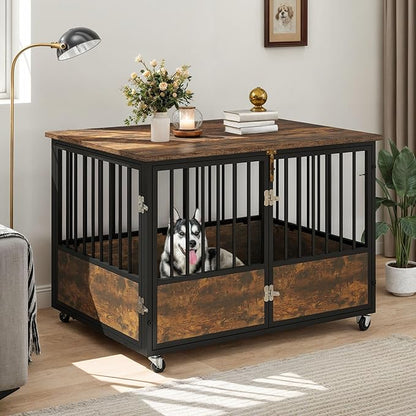 DWVO Dog Crate Furniture with Wheels, 43 Inch Dog Kennel Indoor Furniture End Table Dog Crate for Dogs, Farmhouse Decorative Wooden Dog Cage Table with Double-Doors, Chew-Resistant, Rustic Brown