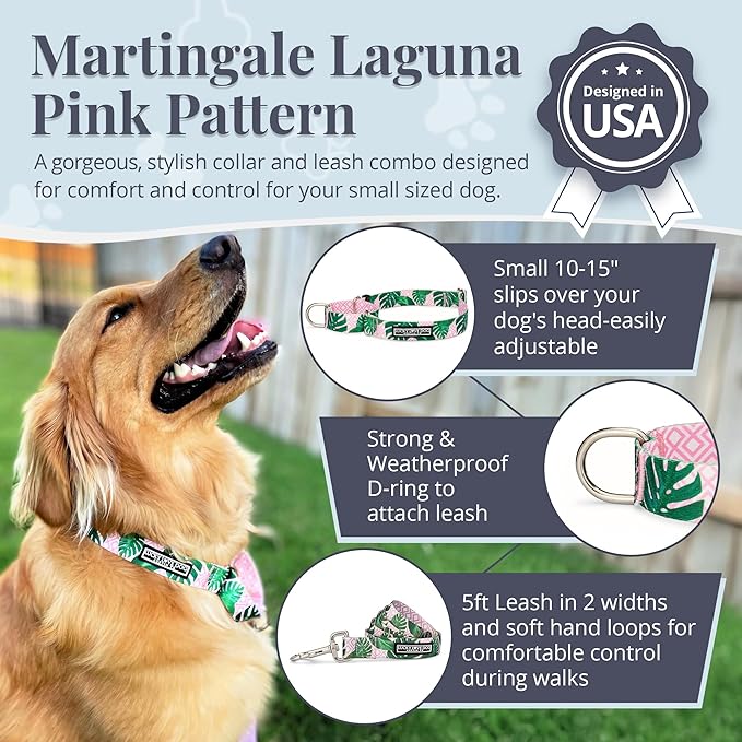 Lucky Love Dog Martingale Dog Collar & Leash - Adjustable, No-Slip, Durable, Comfortable, Soft Webbing, & Stylish Patterned Collar & Leash Set for Male and Female Dogs - Laguna Mart Combo, Small