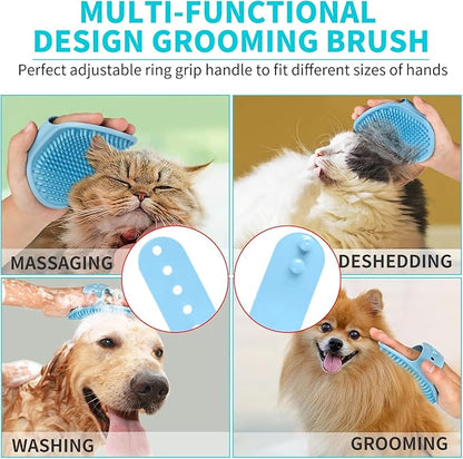Comotech 3-in-1 Dog Grooming Brush | Adjustable Handle Shampoo Brush & Scrubber for Short & Long Haired Dogs & Cats (Blue Pink Blue)