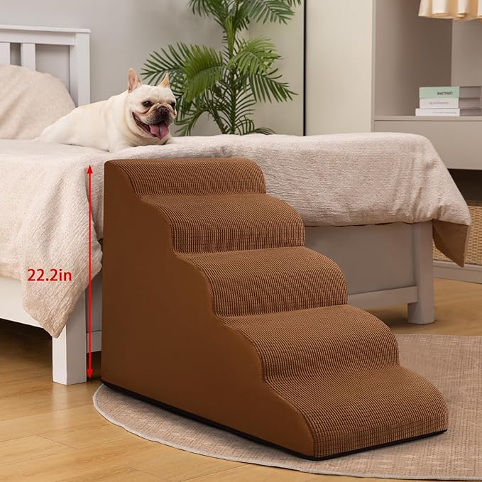 Aodisman 5-Step Dog Stairs and Ramp for High Bed,Non-Slip Sturdy Pet Steps for Small Dogs and Cats,22.2" H,Brown