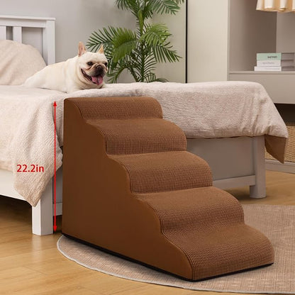 Aodisman 5-Step Dog Stairs and Ramp for High Bed,Non-Slip Sturdy Pet Steps for Small Dogs and Cats,22.2" H,Brown