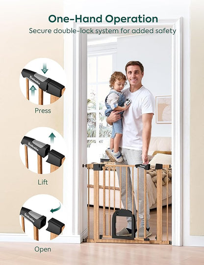 Babelio CatPrivilege Ⅲ Baby Gate with Cat Door, 29"-43" Adjustable Brown Wood Pattern Pet Door, 30" Tall Pressure Mounted Safety Gate for Stairs & Doorways, Auto Close,Wall Protectors Included