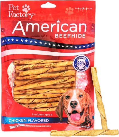 Pet Factory American Beefhide 5in Twist Sticks Dog Dental Chews - Natural Rawhide Dental Chews with Chicken Flavor for Small to Medium Dogs, Promotes Oral Health - 5 Inches (Pack of 1)