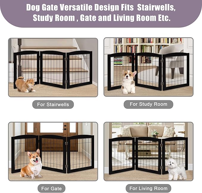 LZRS 3-Panel Freestanding Foldable Wooden Dog Gate –Solid Wood & Steel Wire Chew-Resistant Indoor Safety Pet Fence for Doorways & Stairs, Ideal for Small to Medium Dogs & Puppies, Black