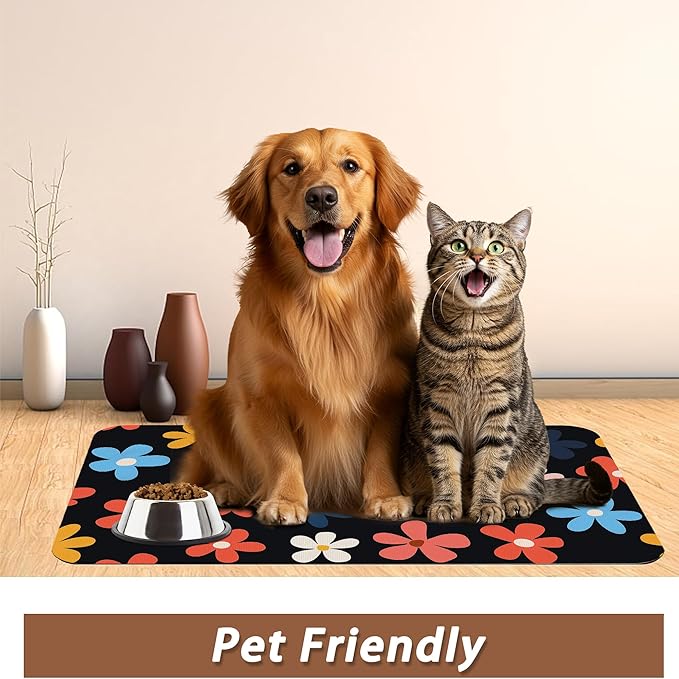 Abstract Groovy Flower Dog Food Mat for Floors,Absorbent Pet Food and Water Bowl Mats,Non-Slip Pet Feeding Mat,Pet Supplies 12" x 20"