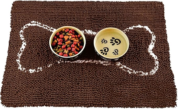 Soggy Doggy Slopmat Dog Food Mat – Absorbent Microfiber Chenille Pet Feeding Mat for Food & Water Bowls, Muddy Paws Small Doormat, Non-Slip, Machine Washable Rug – Chocolate/Oatmeal Bone, 18” x 24”