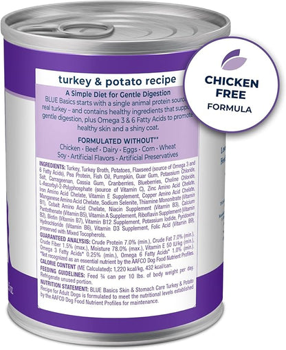 Blue Buffalo Basics Grain-Free Adult Wet Dog Food, Skin & Stomach Care, Limited Ingredient Diet, Turkey Recipe, 12.5-oz Can, 12 Count