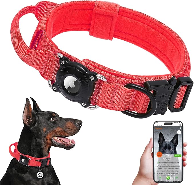 Smart Waterproof AirTag Dog Collar with QR Code ID Tag, Anti-Lost Tactical Dog Collar with Built-in AirTag Holder, Metal Buckle & Control Handle, GPS Tracker Collar for Medium to Large Dogs (Red, L)