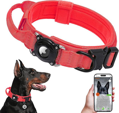 Smart Waterproof AirTag Dog Collar with QR Code ID Tag, Anti-Lost Tactical Dog Collar with Built-in AirTag Holder, Metal Buckle & Control Handle, GPS Tracker Collar for Medium to Large Dogs (Red, L)