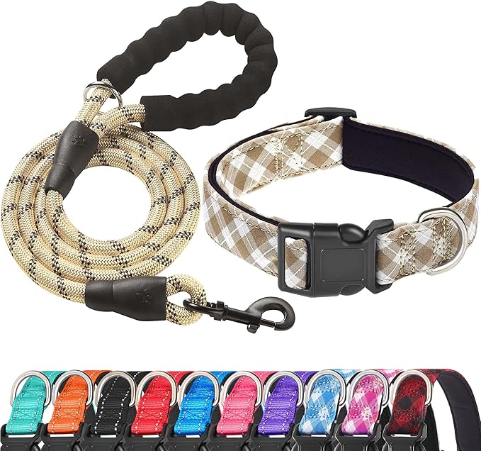 Ladoogo Reflective Dog Collar Padded with Soft Neoprene Breathable Adjustable Nylon Dog Collars for Small Medium Large Dogs (Small (Pack of 1), Vanilla Plaid Collar+Leash)