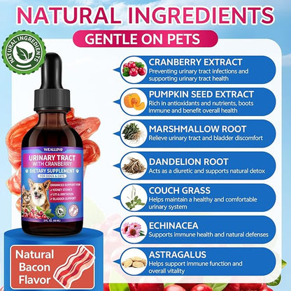 WEALLIN 2 Pack – Cat & Dog Natural Urinary Tract Infection Treatment with Cranberry, Kidney, and Bladder Support Supplement, Support for Urinary Comfort & Bladder Flow – Pet Renal Care Support Drops