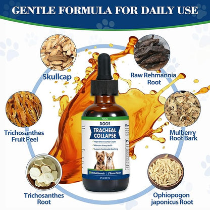 Dog Tracheal Collapse, Collapsed Trachea Treatment for Dogs, Herbal Liquid Drops Relief Cough & Helps Promote Easier Breathing, Natural Respiratory Support Airway Comfort, Bacon Flavor - 2 FL OZ