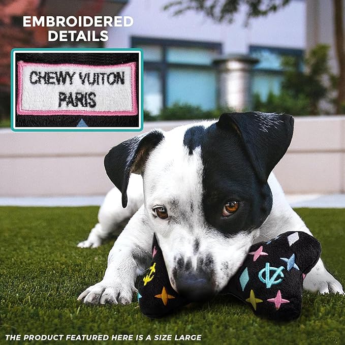Haute Diggity Dog Chewy Vuiton Bone Plush Squeaky Dog Toy, Soft Durable Designer-Inspired Stuffed Puppy Chew Toys for Small & Medium Dogs, Machine-Washable (Black Monogram) Small