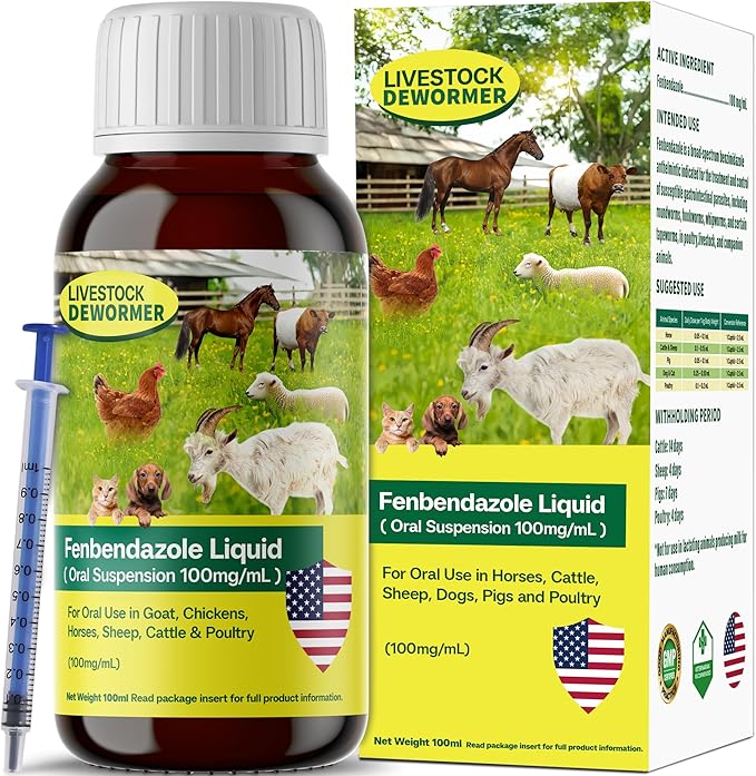 Dewormer for Goat, Chickens, Horses, Sheep, Poultry & More, Fenbendazole for All Wormers, Tapeworms, Roundworms & Hookworms, 100 ml