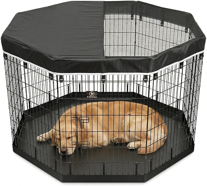 PJYuCien Dog Playpen with Top Cover and Bottom Pad - Metal Foldable Exercise Pen, 8 Panels 42" H x 24" W Indoor Outdoor Pet Fence Puppy Crate Kennel, Black