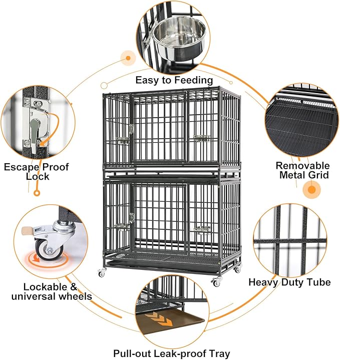 Homey Pet 37 Inch Stackable Heavy Duty Dog Crate Cage Kennel with Feeding Bowls, Lockable Wheels and Removable Tray, Escape Proof Wire Drop Dog Crates for Medium Dogs (Two Tiers)