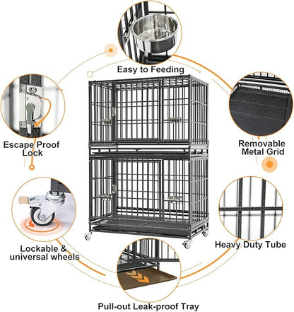 Homey Pet 37 Inch Stackable Heavy Duty Dog Crate Cage Kennel with Feeding Bowls, Lockable Wheels and Removable Tray, Escape Proof Wire Drop Dog Crates for Medium Dogs (Two Tiers)