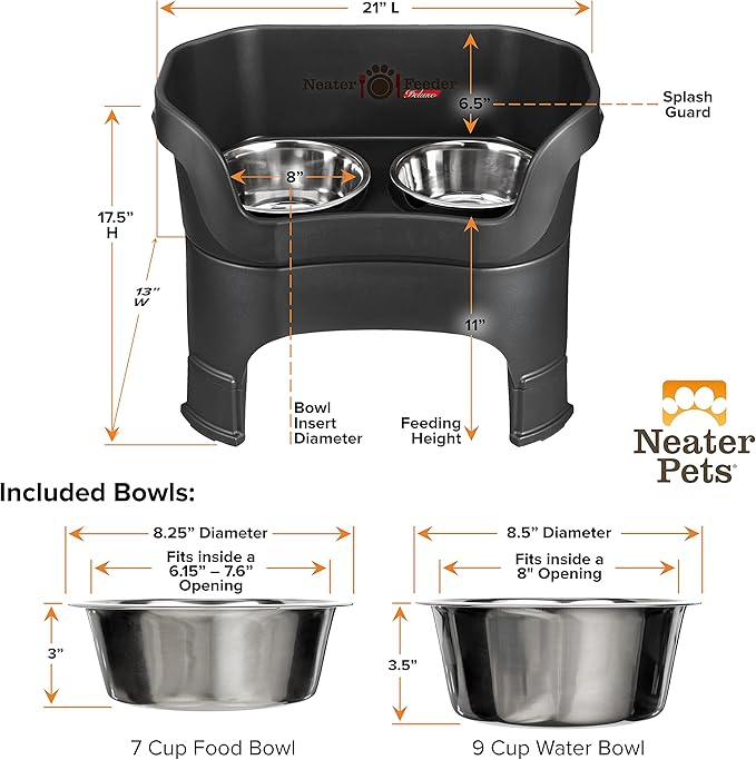 Neater Feeder Deluxe Mess-Proof Elevated Dog Bowls for Large Dogs (40+ lbs), 2 Height Adjustable (14.5” & 17.5”) No-Spill Raised Dog Bowl Stand, Stainless Steel Food Bowl Set, Made in USA, Black