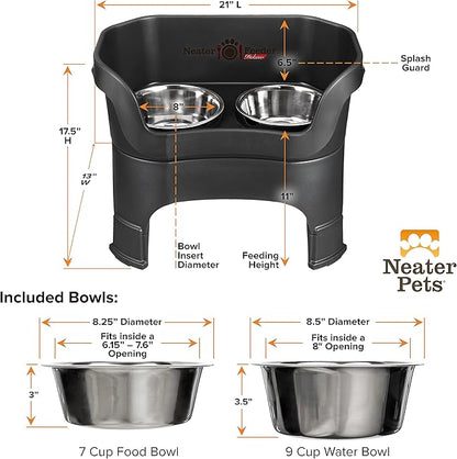 Neater Feeder Deluxe Mess-Proof Elevated Dog Bowls for Large Dogs (40+ lbs), 2 Height Adjustable (14.5” & 17.5”) No-Spill Raised Dog Bowl Stand, Stainless Steel Food Bowl Set, Made in USA, Black