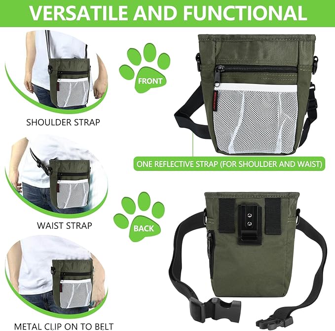 kissleaf Dog Treat Pouches for Pet Training with Magnetic Closure Treat Pouches for Pet Training,Large Dog Treat Training Pouch and Dog Clicker,Training Treat Pouch Built-in Poop Bag Dispenser-Green