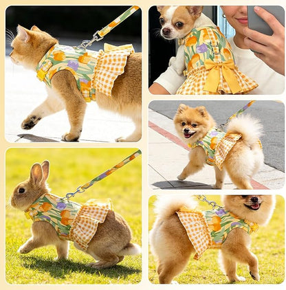 EXPAWLORER Dog Harness Small Medium Sized Dogs, Tulip Dog Dress Bowknot Harness and Leash Set, No Choke No Pull Soft Mesh Vest Cute Princess Puppy Outfits Clothes Costume for Girls Party Cats Yellow S