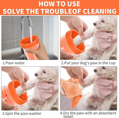 Professional 7 in 1 Dog Paw Cleaner for Dogs & Cats - Includes 1 Portable Paw Washer, 1 Bath Brush, 2 Dog Toothbrushes and 3 Absorbent Towels Note: Fits Paws up to 2 Inches Wide (Orange, Small)