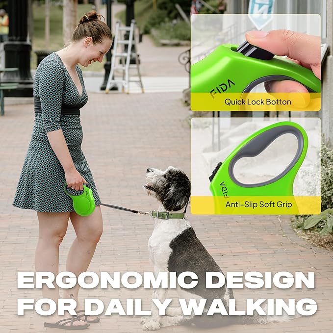 Fida Retractable Dog Leash, 10ft Heavy Duty Pet Walking Leash for X-Small Dog or Cat up to 18 lbs, Tangle Free. One-Hand Brake (X-Small, Green)