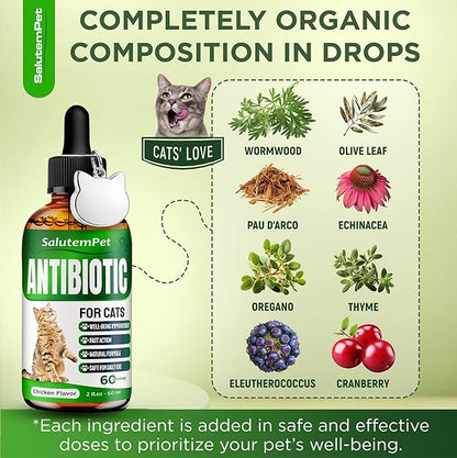 Cat Antibiotic in Drops – Natural Antibiotics for Cats with Chicken Flavor Help with UTI, Cough, Allergies – Safe for Pets and Breeds – 2-oz Bottle with a Pendant Included