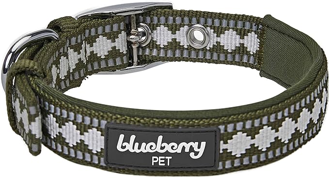 Blueberry Pet Reflective Jacquard Dog Collar with Neoprene Padding & Metal Buckle | Soft & Adjustable Safety Collar - Olive, Neck 17-20.5", for Large Breed