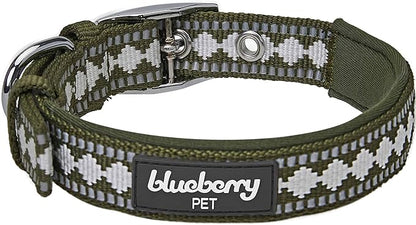 Blueberry Pet Reflective Jacquard Dog Collar with Neoprene Padding & Metal Buckle | Soft & Adjustable Safety Collar - Olive, Neck 17-20.5", for Large Breed