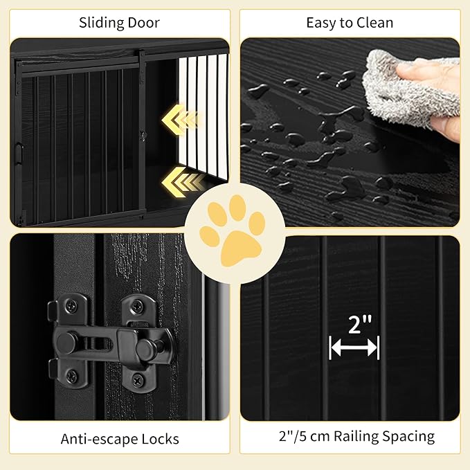 Hzuaneri 39.3" Dog Crate Furniture with Barn Door, Heavy Duty Dog Kennel Indoor with 2 Doors, Wooden Pet Cage End Table for Large Small Medium Dogs, Anti-Chew Anti-Escape, Black DFC02304B