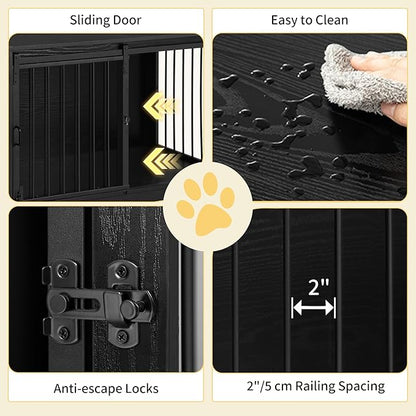 Hzuaneri 39.3" Dog Crate Furniture with Barn Door, Heavy Duty Dog Kennel Indoor with 2 Doors, Wooden Pet Cage End Table for Large Small Medium Dogs, Anti-Chew Anti-Escape, Black DFC02304B