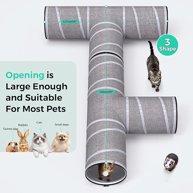 PETOCAT Cat Tunnel 4 Way with Teaser Wand & 2 Plush Ball, 5 Shapes Available, 54/80.7" L, H-Shaped Collapsible Pet Play Tube Maze for Kitten Puppy Bunny Ferret Rabbit, Indoor/Outdoor Peekaboo Cave
