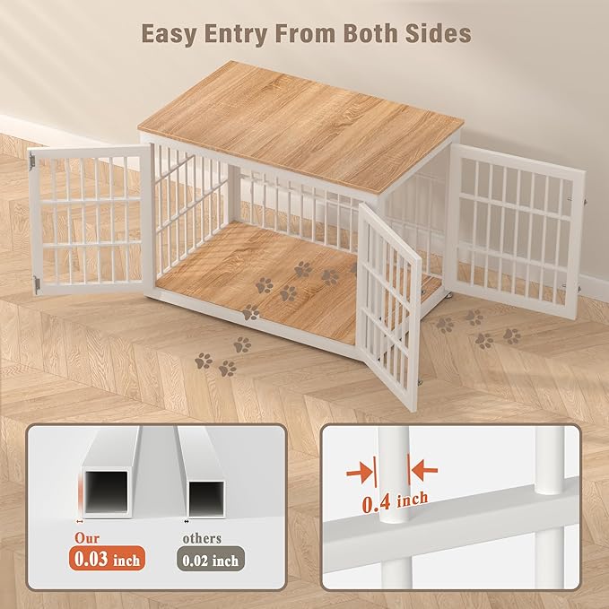 rehomerance 38 Inch Heavy Duty Dog Crate Furniture for Large and Medium Dogs, Decorative Pet House End Table, Wooden Cage Kennel Furniture Indoor, Natural and White