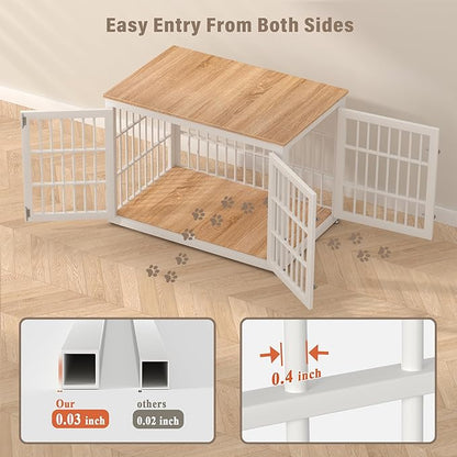 rehomerance 38 Inch Heavy Duty Dog Crate Furniture for Large and Medium Dogs, Decorative Pet House End Table, Wooden Cage Kennel Furniture Indoor, Natural and White