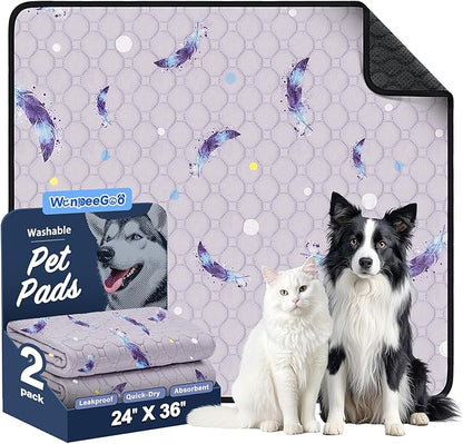 WanpeeGoo Washable Pee Pads for Dogs, 2Pack Reusable Puppy Pads, Super Absorbent & Leakproof Dog Pads, Anti-Slip Dog Pee Pads for Puppy Training & Incontinence, Feather Pattern 24"x36"