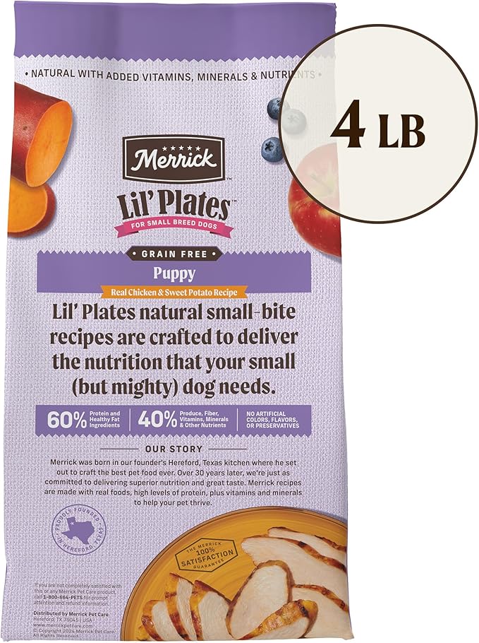 Merrick Lil’ Plates Premium Grain Free Dry Puppy Food For Small Dogs, Real Chicken And Sweet Potato Kibble - 4.0 lb. Bag
