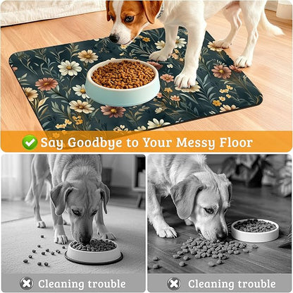 Dog Bowl Mat,Brown Flowers Pet Feeding Mat for Floors Waterproof,White Absorbent Dogs Placemat for Food and Water Quick Dry Pet Cat Feeding Mats with Non Slip Bottom 16" x 24"