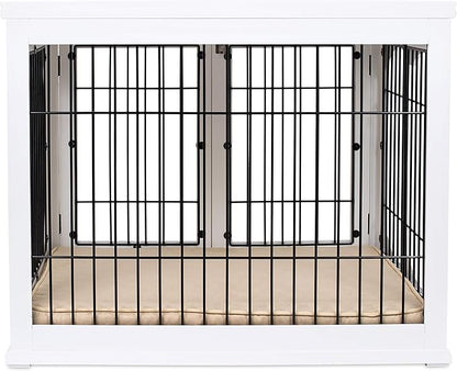 INTERNET'S BEST Decorative Dog Kennel with Pet Bed, Small Pet House, Double Door Indoor Crate, Engineered Wood & Wire Furniture, Side Table & Nightstand, Fits Small Dogs - White