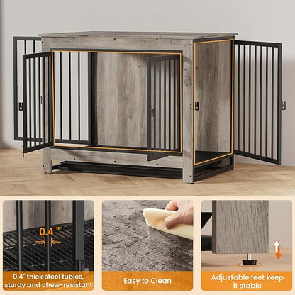 Derfullo Dog Crate Furniture, 38 Inch Indoor Dog Kennel for Medium Dogs Up to 50 LBS, Heavy Duty Wooden Pet Cage End Table with 3 Doors, Alloy Steel Frame & Removable Tray