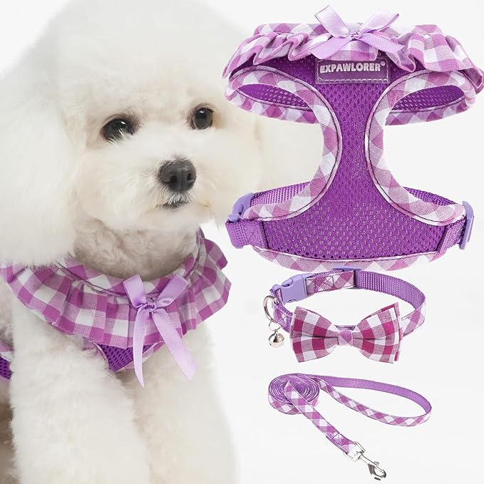 EXPAWLORER Cute Dog Harness Collar Leash Set - Purple Girl Dog Harness Checkered Step-in Design, Detachable Bow Pet Collar, Adjustable No-Choke Lightweight Mesh Vest for Cats Puppy Small Dogs, S