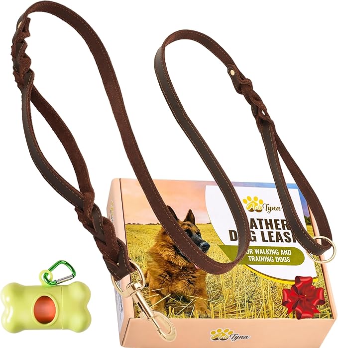 ADITYNA - Double Handle Leather Dog Leash 6ft - Heavy Duty Braided Dog Leash with Traffic Handle - Lead for Training and Walking Medium Large Breeds (Brown, Two Handles 6 Foot x 3/4")